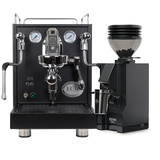 An ECM Mechanika Max Espresso Machine (Black) and a Eureka Mignon Zero 55s Single Dose Coffee Grinder (Matte Black) from ECM are elegantly displayed as a bundle on a white background, with the grinder filled with fresh coffee beans and the machine featuring dual pressure gauges.