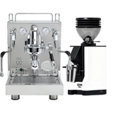 The ECM Mechanika Max Espresso Machine with its dual pressure gauges stands next to the Eureka Mignon Zero 55s Single Dose Coffee Grinder in white, both from ECM, against a plain white background.