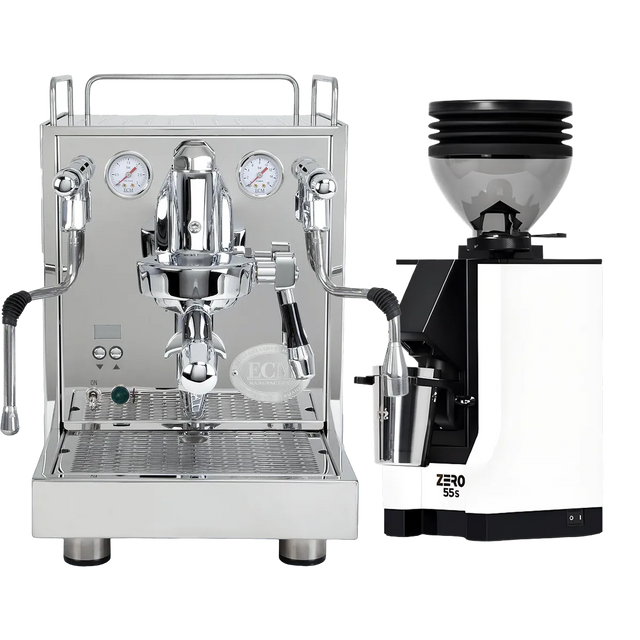 The ECM Mechanika Max Espresso Machine with its dual pressure gauges stands next to the Eureka Mignon Zero 55s Single Dose Coffee Grinder in white, both from ECM, against a plain white background.