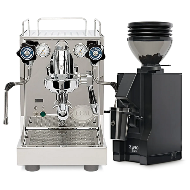 The ECM Mechanika Slim with PID Espresso Machine, featuring a compact stainless steel design with knobs, gauges, and precise temperature control, stands beside the Eureka Mignon Zero 55s Single Dose Coffee Grinder in matte black—both from ECM—set against a white background.