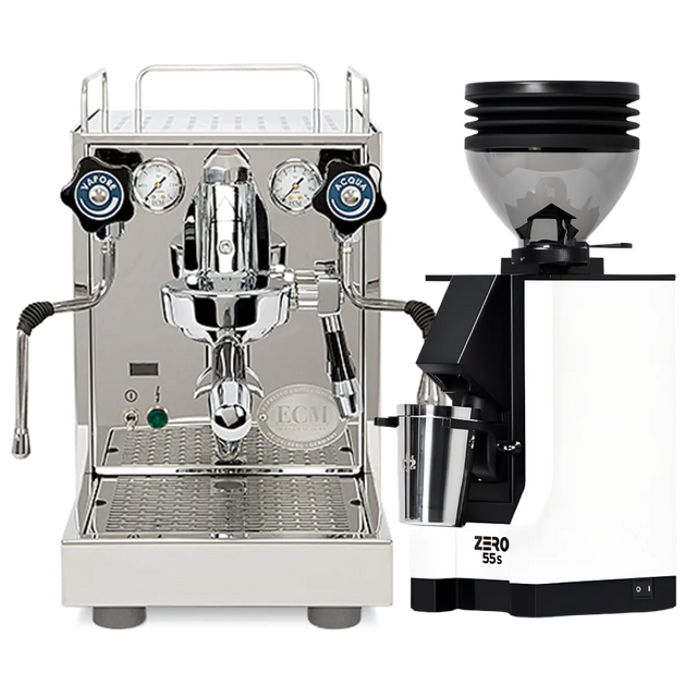 The ECM Mechanika Slim w/ PID Espresso Machine, finished in silver and equipped with dual gauges and PID temperature control, sits beside the Eureka Mignon Zero 55s Single Dose Coffee Grinder in modern white with a black top and a metal cup beneath its spout, both showcased on a white background.