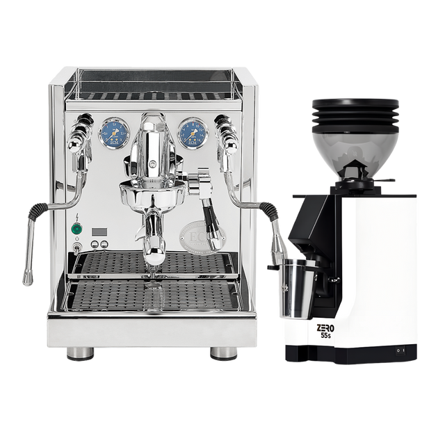 ECM Technika VI Dual Boiler Espresso Machine (Stainless Steel) with Eureka Mignon Zero 55s Single Dose Coffee Grinder (White) Bundle