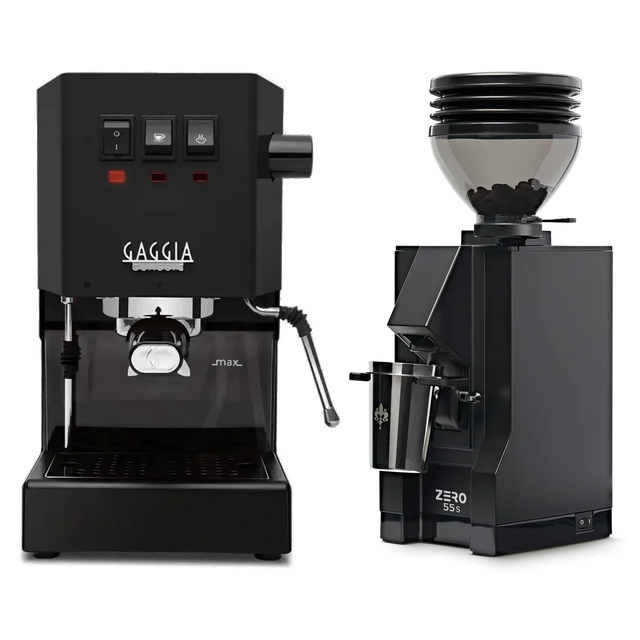 A Gaggia Classic E24 Black & Eureka Mignon Zero 55s Single Dose Coffee Grinder (Matte Black) Bundle by Gaggia is displayed against a plain white background. The grinder holds coffee beans visible in the hopper, and the espresso machine features a lead-free brass boiler for high-quality brewing performance.