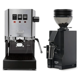 A Gaggia Classic E24 Stainless Steel & Eureka Mignon Zero 55s Single Dose Coffee Grinder (Matte Black) Bundle from Gaggia is displayed side by side on a white background.