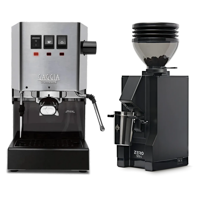 A Gaggia Classic E24 Stainless Steel & Eureka Mignon Zero 55s Single Dose Coffee Grinder (Matte Black) Bundle from Gaggia is displayed side by side on a white background.