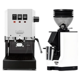 The Gaggia Classic E24 White and Eureka Mignon Zero 55s Single Dose Coffee Grinder (White) bundle by Gaggia, both featuring bold black accents, are displayed side by side against a clean white background.