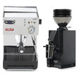 A silver Lelit Anna 2 PL41TEM Espresso Machine with PID and steam wand by Lelit is placed side by side with a matte black Eureka Mignon Zero 55s Single Dose Coffee Grinder, both shown against a white background.