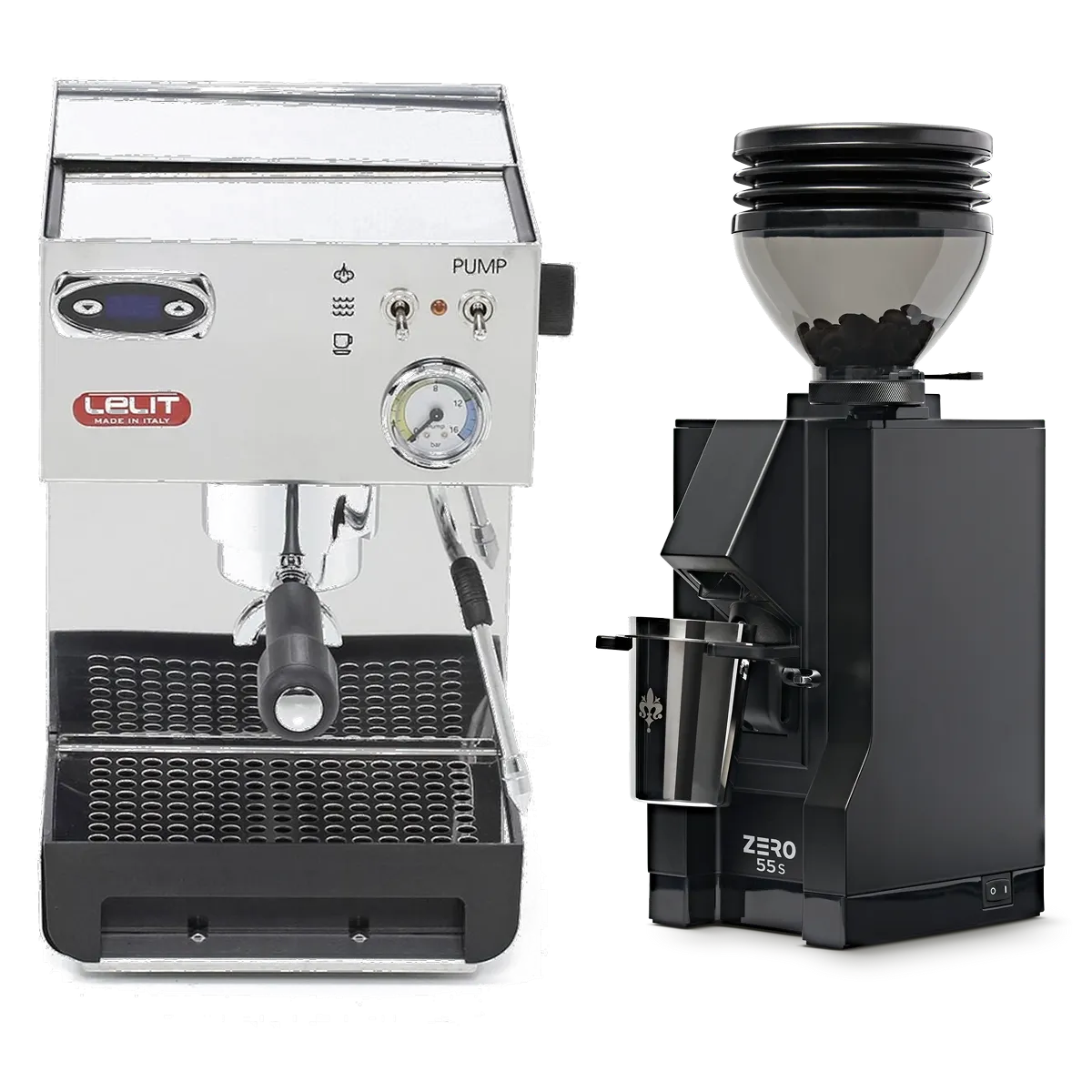 A silver Lelit Anna 2 PL41TEM Espresso Machine with PID and steam wand by Lelit is placed side by side with a matte black Eureka Mignon Zero 55s Single Dose Coffee Grinder, both shown against a white background.