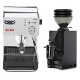 A silver Lelit Anna 2 PL41TEM Espresso Machine with PID and steam wand by Lelit is placed side by side with a matte black Eureka Mignon Zero 55s Single Dose Coffee Grinder, both shown against a white background.