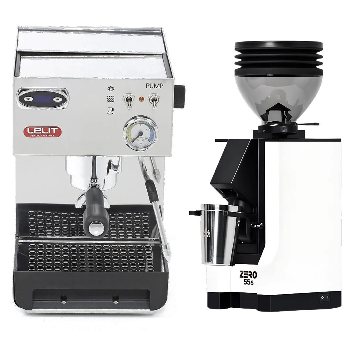 A commercial-grade home espresso setup showcases the Lelit Anna 2 PL41TEM Espresso Machine with PID alongside the Eureka Mignon Zero 55s Single Dose Coffee Grinder in white, both positioned side by side and viewed from the front against a plain background.