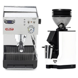 A commercial-grade home espresso setup showcases the Lelit Anna 2 PL41TEM Espresso Machine with PID alongside the Eureka Mignon Zero 55s Single Dose Coffee Grinder in white, both positioned side by side and viewed from the front against a plain background.