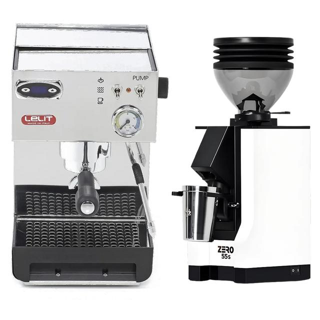 A commercial-grade home espresso setup showcases the Lelit Anna 2 PL41TEM Espresso Machine with PID alongside the Eureka Mignon Zero 55s Single Dose Coffee Grinder in white, both positioned side by side and viewed from the front against a plain background.