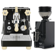 A Lelit Bianca 3 PL162TCB Espresso Machine in black with white knobs and a matching Eureka Mignon Zero 55s Single Dose Coffee Grinder in matte black, both from Lelit, are positioned side by side against a white background.