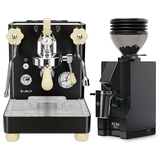 A Lelit Bianca 3 PL162TCB Espresso Machine in black with white knobs and a matching Eureka Mignon Zero 55s Single Dose Coffee Grinder in matte black, both from Lelit, are positioned side by side against a white background.