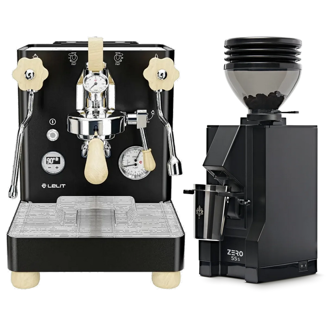 A Lelit Bianca 3 PL162TCB Espresso Machine in black with white knobs and a matching Eureka Mignon Zero 55s Single Dose Coffee Grinder in matte black, both from Lelit, are positioned side by side against a white background.