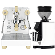 A Lelit Bianca 3 PL162TCW Espresso Machine in white, featuring wooden accents, is paired with a matching Eureka Mignon Zero 55s Single Dose Coffee Grinder (White); both from Lelit are displayed together against a plain light background.