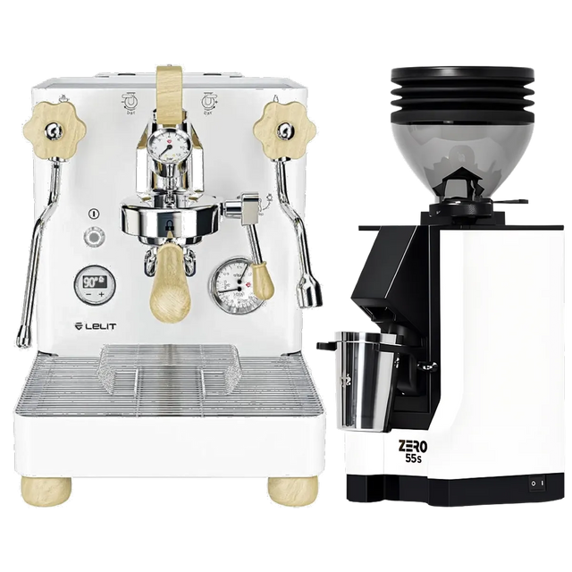 A Lelit Bianca 3 PL162TCW Espresso Machine in white, featuring wooden accents, is paired with a matching Eureka Mignon Zero 55s Single Dose Coffee Grinder (White); both from Lelit are displayed together against a plain light background.