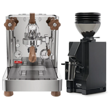 A stainless steel Lelit Bianca 3 PL162T Espresso Machine with wooden handles is displayed alongside a matte black Eureka Mignon Zero 55s Single Dose Coffee Grinder, both from the Lelit brand, set against a white background as part of a featured bundle.