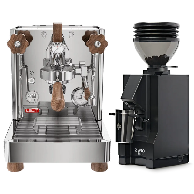 A stainless steel Lelit Bianca 3 PL162T Espresso Machine with wooden handles is displayed alongside a matte black Eureka Mignon Zero 55s Single Dose Coffee Grinder, both from the Lelit brand, set against a white background as part of a featured bundle.