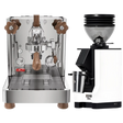 A Lelit Bianca 3 PL162T Espresso Machine with sleek stainless steel construction and refined wooden handles is displayed alongside a white Eureka Mignon Zero 55s Single Dose Coffee Grinder, both from Lelit and featured together as a bundle against a simple background.