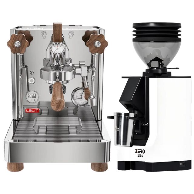 A Lelit Bianca 3 PL162T Espresso Machine with sleek stainless steel construction and refined wooden handles is displayed alongside a white Eureka Mignon Zero 55s Single Dose Coffee Grinder, both from Lelit and featured together as a bundle against a simple background.