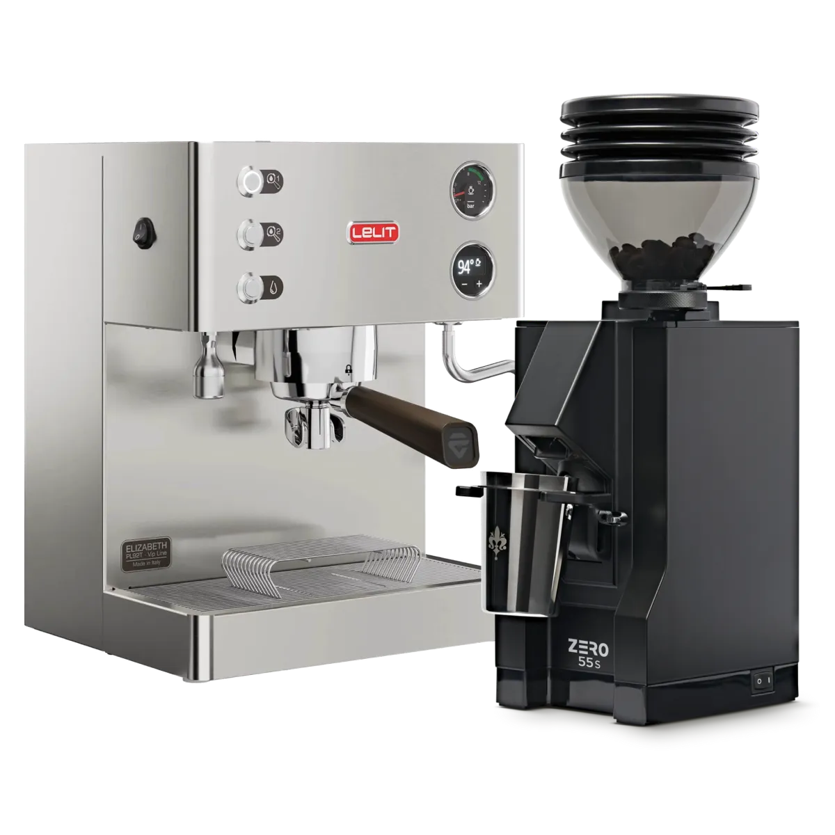 A Lelit Elizabeth V3 Semi-Automatic Espresso Machine PL92T (Stainless Steel) with a wooden handle is paired with the Eureka Mignon Zero 55s Single Dose Coffee Grinder (Matte Black), both from Lelit, and showcased against a pristine white background.