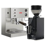 A Lelit Elizabeth V3 Semi-Automatic Espresso Machine PL92T (Stainless Steel) with a wooden handle is paired with the Eureka Mignon Zero 55s Single Dose Coffee Grinder (Matte Black), both from Lelit, and showcased against a pristine white background.
