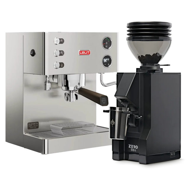A Lelit Elizabeth V3 Semi-Automatic Espresso Machine PL92T (Stainless Steel) with a wooden handle is paired with the Eureka Mignon Zero 55s Single Dose Coffee Grinder (Matte Black), both from Lelit, and showcased against a pristine white background.