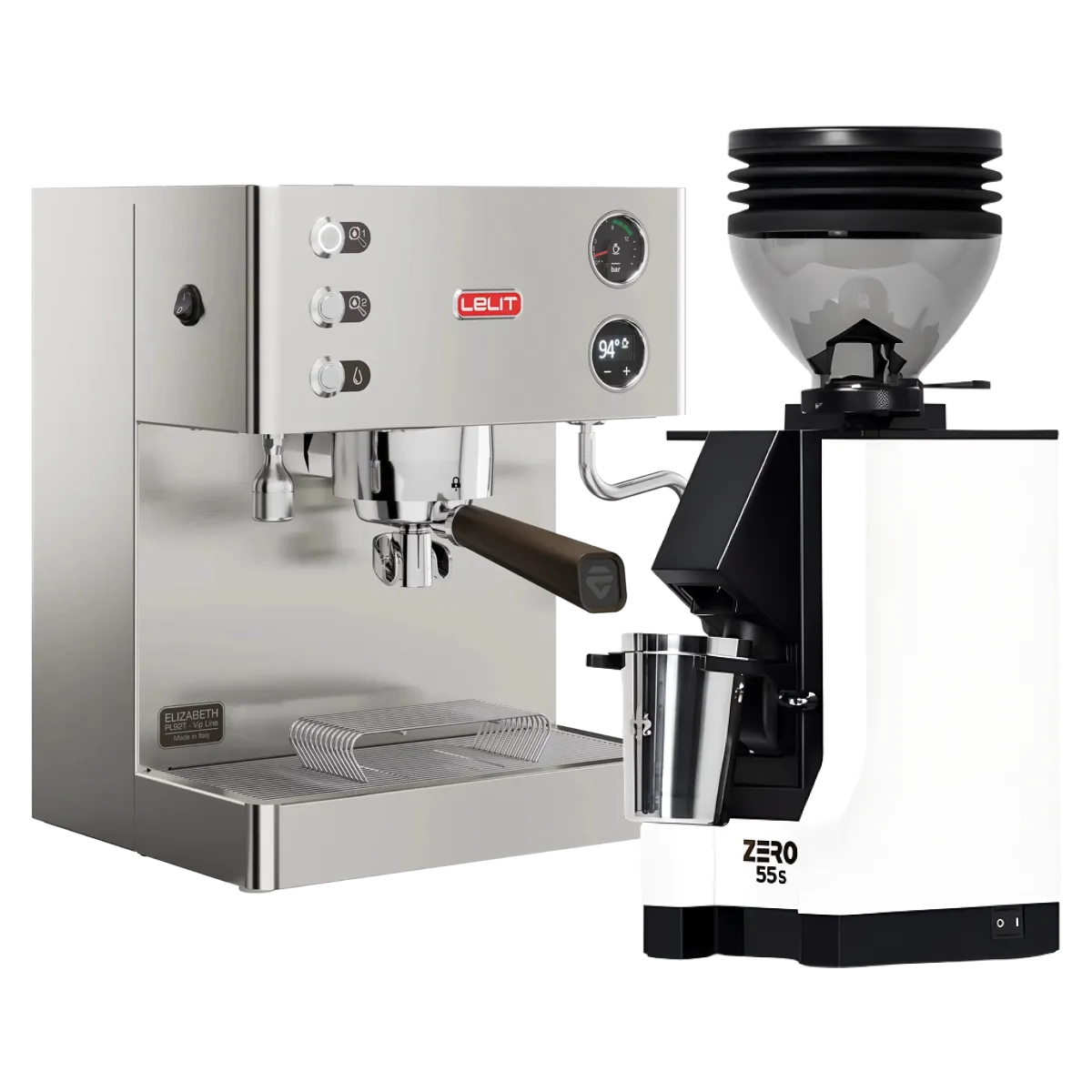 A Lelit Elizabeth V3 Semi-Automatic Espresso Machine PL92T in stainless steel and a Eureka Mignon Zero 55s Single Dose Coffee Grinder in white are displayed side by side on a white background.