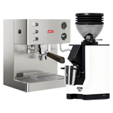 A Lelit Elizabeth V3 Semi-Automatic Espresso Machine PL92T in stainless steel and a Eureka Mignon Zero 55s Single Dose Coffee Grinder in white are displayed side by side on a white background.