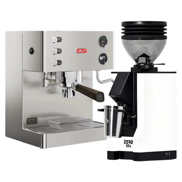 A Lelit Elizabeth V3 Semi-Automatic Espresso Machine PL92T in stainless steel and a Eureka Mignon Zero 55s Single Dose Coffee Grinder in white are displayed side by side on a white background.