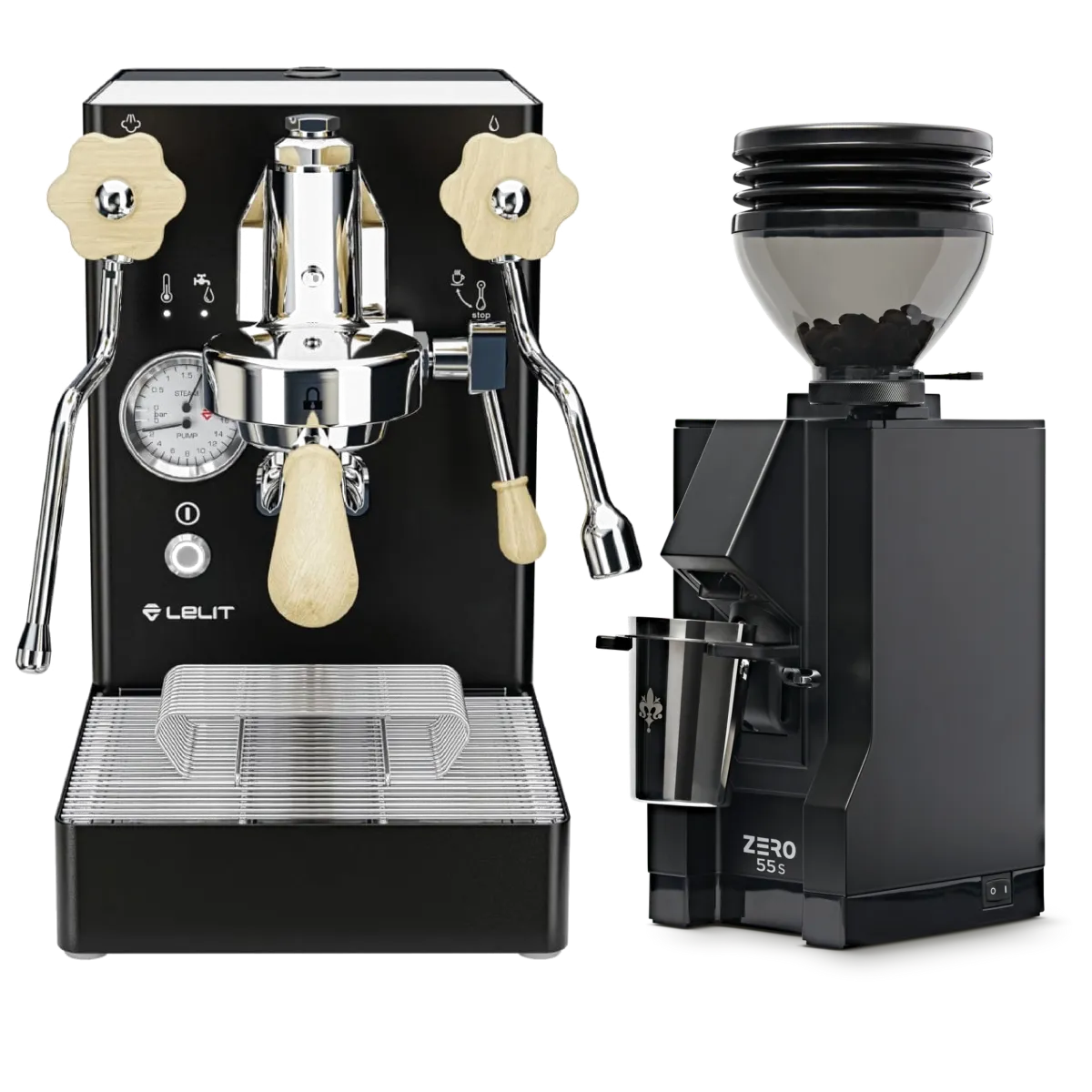 A Lelit Mara X Semi-Automatic Heat-Exchange E61 Espresso Machine with PID PL62X in black, featuring an E61 group head, is paired with a Eureka Mignon Zero 55s Single Dose Coffee Grinder in matte black, both from Lelit, displayed against a white background.