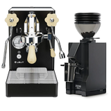 A Lelit Mara X Semi-Automatic Heat-Exchange E61 Espresso Machine with PID PL62X in black, featuring an E61 group head, is paired with a Eureka Mignon Zero 55s Single Dose Coffee Grinder in matte black, both from Lelit, displayed against a white background.