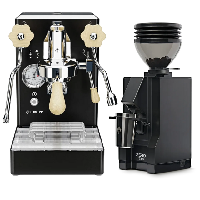 A Lelit Mara X Semi-Automatic Heat-Exchange E61 Espresso Machine with PID PL62X in black, featuring an E61 group head, is paired with a Eureka Mignon Zero 55s Single Dose Coffee Grinder in matte black, both from Lelit, displayed against a white background.
