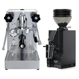 The Lelit Mara X E61 Espresso Machine with PID PL62X in stainless steel is placed next to the Eureka Mignon Zero 55s Single Dose Coffee Grinder in matte black, both presented against a plain white background.