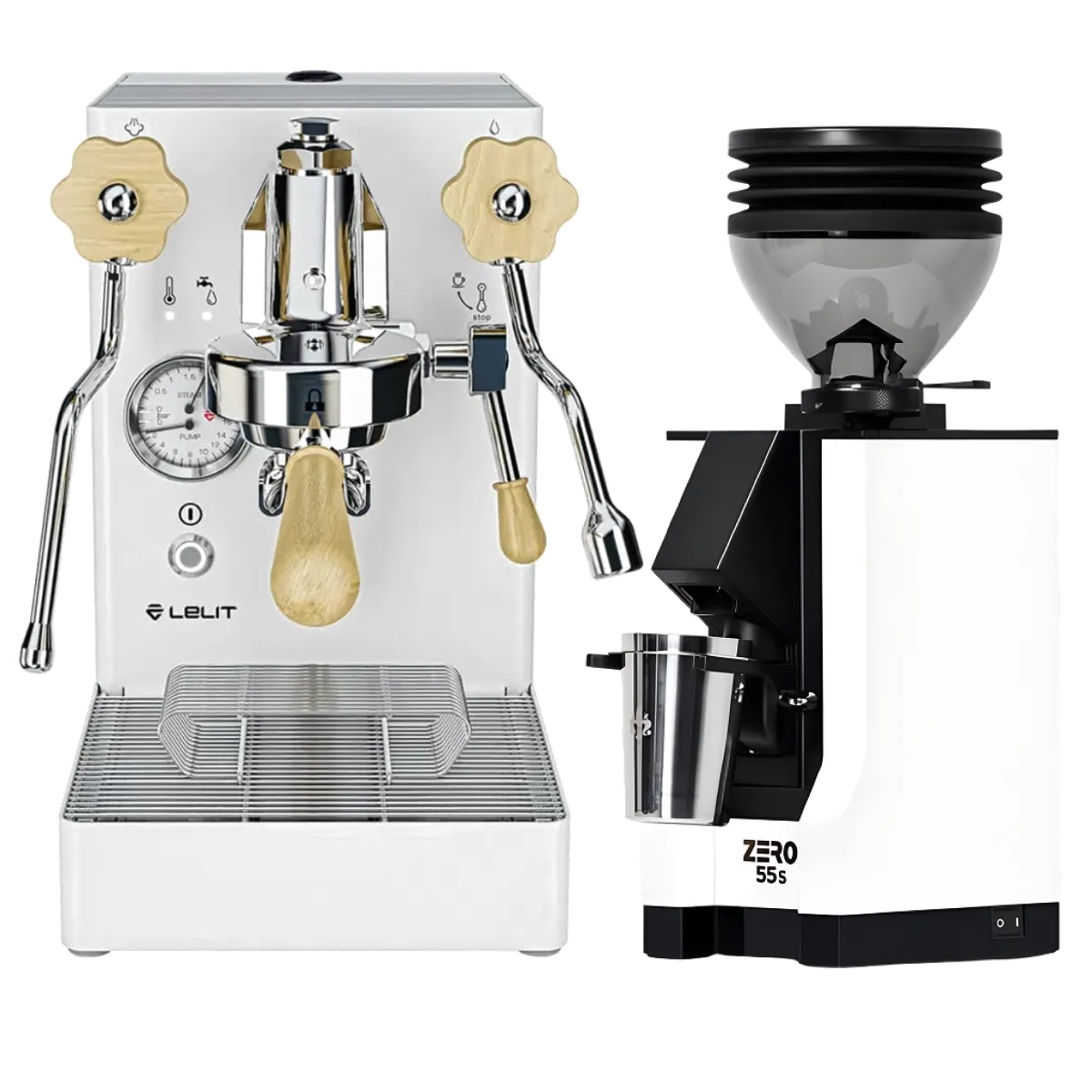 A Lelit Mara X Semi-Automatic Heat-Exchange E61 Espresso Machine with PID PL62X in white is paired with a Eureka Mignon Zero 55s Single Dose Coffee Grinder, both in a matching white finish, displayed together on a plain background.