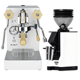 A Lelit Mara X Semi-Automatic Heat-Exchange E61 Espresso Machine with PID PL62X in white is paired with a Eureka Mignon Zero 55s Single Dose Coffee Grinder, both in a matching white finish, displayed together on a plain background.