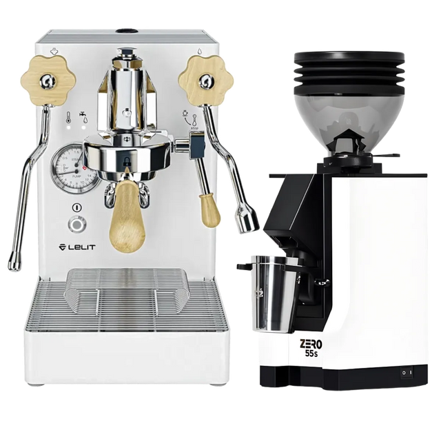 A Lelit Mara X Semi-Automatic Heat-Exchange E61 Espresso Machine with PID PL62X in white is paired with a Eureka Mignon Zero 55s Single Dose Coffee Grinder, both in a matching white finish, displayed together on a plain background.
