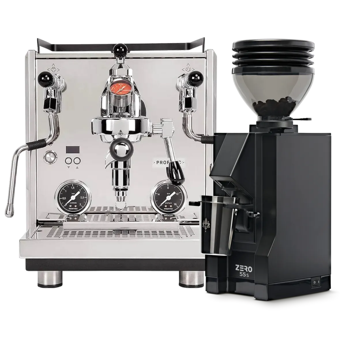 A Profitec Drive Espresso Machine bundled with the Eureka Mignon Zero 55s Single Dose Coffee Grinder in matte black is showcased on a pristine white background. The stainless steel espresso machine boasts PID temperature control and an iconic E61 group head with dials and wands, while the grinder sits beside it, filled with coffee beans.