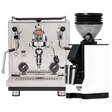 A Profitec Drive Espresso Machine in stainless steel, featuring dials, levers, and PID temperature control, stands beside a white Eureka Mignon Zero 55s Single Dose Coffee Grinder as part of the Profitec Drive Espresso Machine with Eureka Mignon Zero 55s (White) Bundle, all set against a plain background.