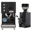 Displayed against a plain background, the Profitec Go (Black) Espresso Machine & Eureka Mignon Zero 55s Single Dose Coffee Grinder (Matte Black) Bundle sits side by side — the Profitec Go espresso machine features a bold blue gauge and buttons, while its single boiler PID technology ensures precise temperature control for consistently perfect espresso shots.