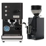 Displayed against a plain background, the Profitec Go (Black) Espresso Machine & Eureka Mignon Zero 55s Single Dose Coffee Grinder (Matte Black) Bundle sits side by side — the Profitec Go espresso machine features a bold blue gauge and buttons, while its single boiler PID technology ensures precise temperature control for consistently perfect espresso shots.