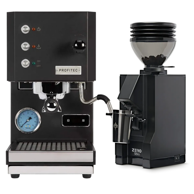 Displayed against a plain background, the Profitec Go (Black) Espresso Machine & Eureka Mignon Zero 55s Single Dose Coffee Grinder (Matte Black) Bundle sits side by side — the Profitec Go espresso machine features a bold blue gauge and buttons, while its single boiler PID technology ensures precise temperature control for consistently perfect espresso shots.