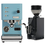 A Profitec Go (Blue) Espresso Machine with dials and buttons stands alongside the sleek matte black Eureka Mignon Zero 55s Single Dose Coffee Grinder, both from Profitec, displayed on a plain white background.