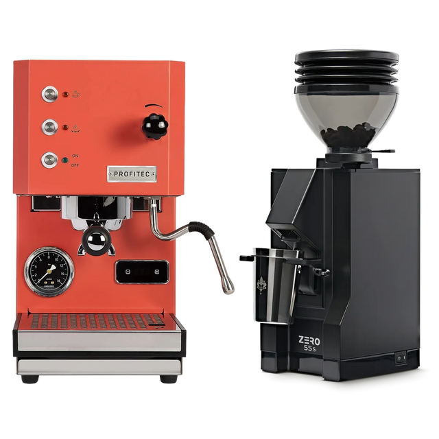 The Profitec Go (Red) Espresso Machine & Eureka Mignon Zero 55s Single Dose Coffee Grinder (Matte Black) Bundle by Profitec is displayed on a white background, with the red espresso machine featuring silver knobs next to the matte black grinder filled with coffee beans.