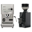 A Profitec Go (Stainless Steel) Espresso Machine is paired with a Eureka Mignon Zero 55s Single Dose Coffee Grinder in matte black, both from Profitec, and are displayed together on a white background.