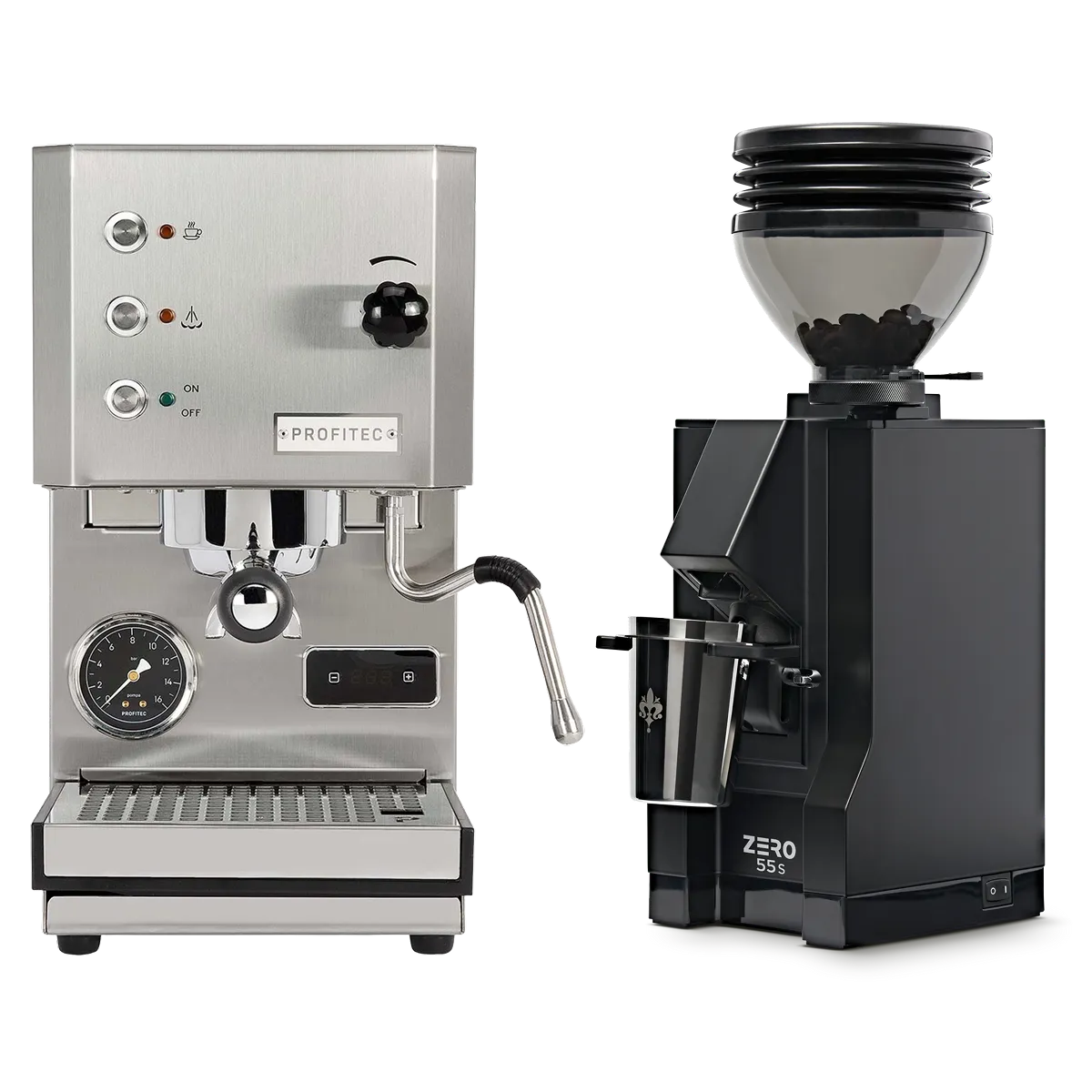 A Profitec Go (Stainless Steel) Espresso Machine is paired with a Eureka Mignon Zero 55s Single Dose Coffee Grinder in matte black, both from Profitec, and are displayed together on a white background.