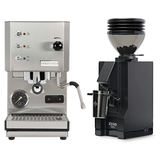 A Profitec Go (Stainless Steel) Espresso Machine is paired with a Eureka Mignon Zero 55s Single Dose Coffee Grinder in matte black, both from Profitec, and are displayed together on a white background.