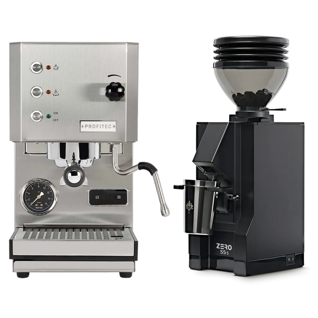 A Profitec Go (Stainless Steel) Espresso Machine is paired with a Eureka Mignon Zero 55s Single Dose Coffee Grinder in matte black, both from Profitec, and are displayed together on a white background.