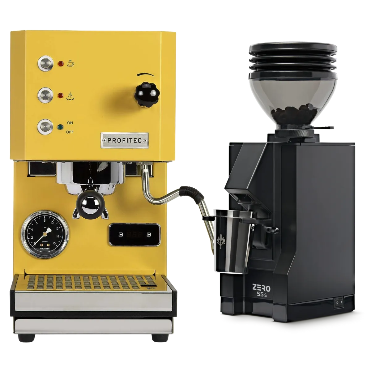 A Profitec Go (Yellow) Espresso Machine with gauges and steam wand stands beside a matte black Eureka Mignon Zero 55s Single Dose Coffee Grinder filled with beans, both from the Profitec brand, displayed on a white background.